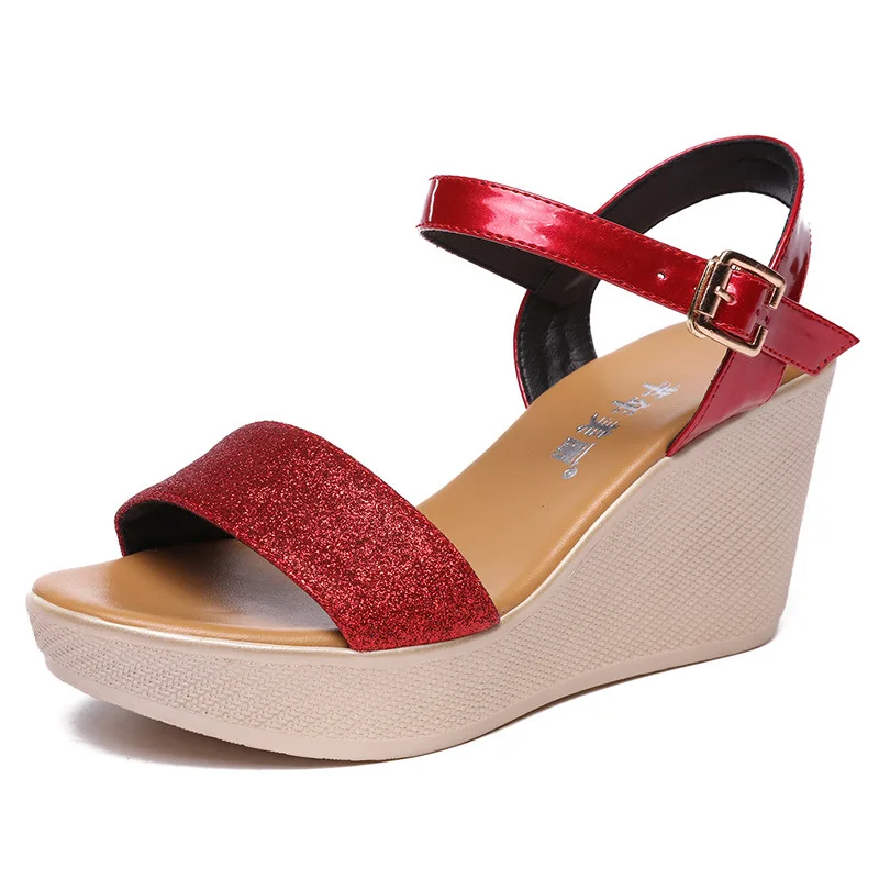 8.5cm Plus Small Size 32-43 Comfortable Red Bling Shoes Platform Wedges Sandals 2025 Summer High Heels Sandals for Office Beach