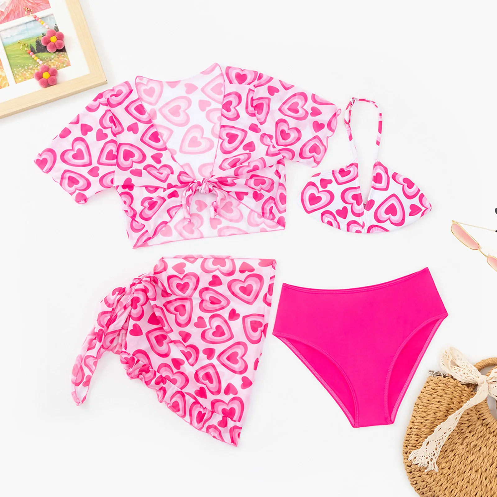 

Bikini 2 Set Piece Girl's 4 Piece Swimsuits Heart Print Bikini Set Bathing Suits With Mesh Skirt Cute Bathing Suits Preteens