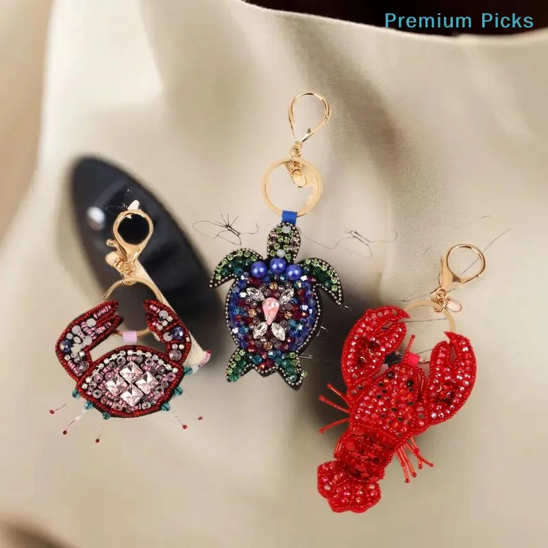 Rhinestone Lobster Beaded Pendant Pretty Hand Sewn Bag Charms Crab Shells Turtle Hanging Rope Patches Applique Bag Lanyard