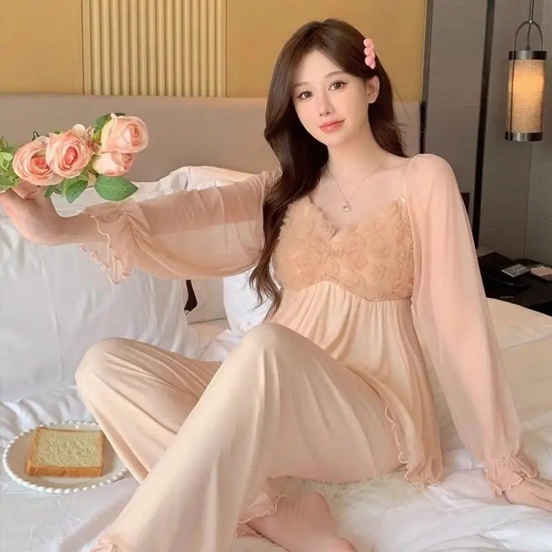 

Пижамные комплекты с V-образным вырезом для девочек, сексуальная одежда принцессы с длинными рукавами для отдыха, весенне-осенняя одежда, одежда для сна, подарок для девочек