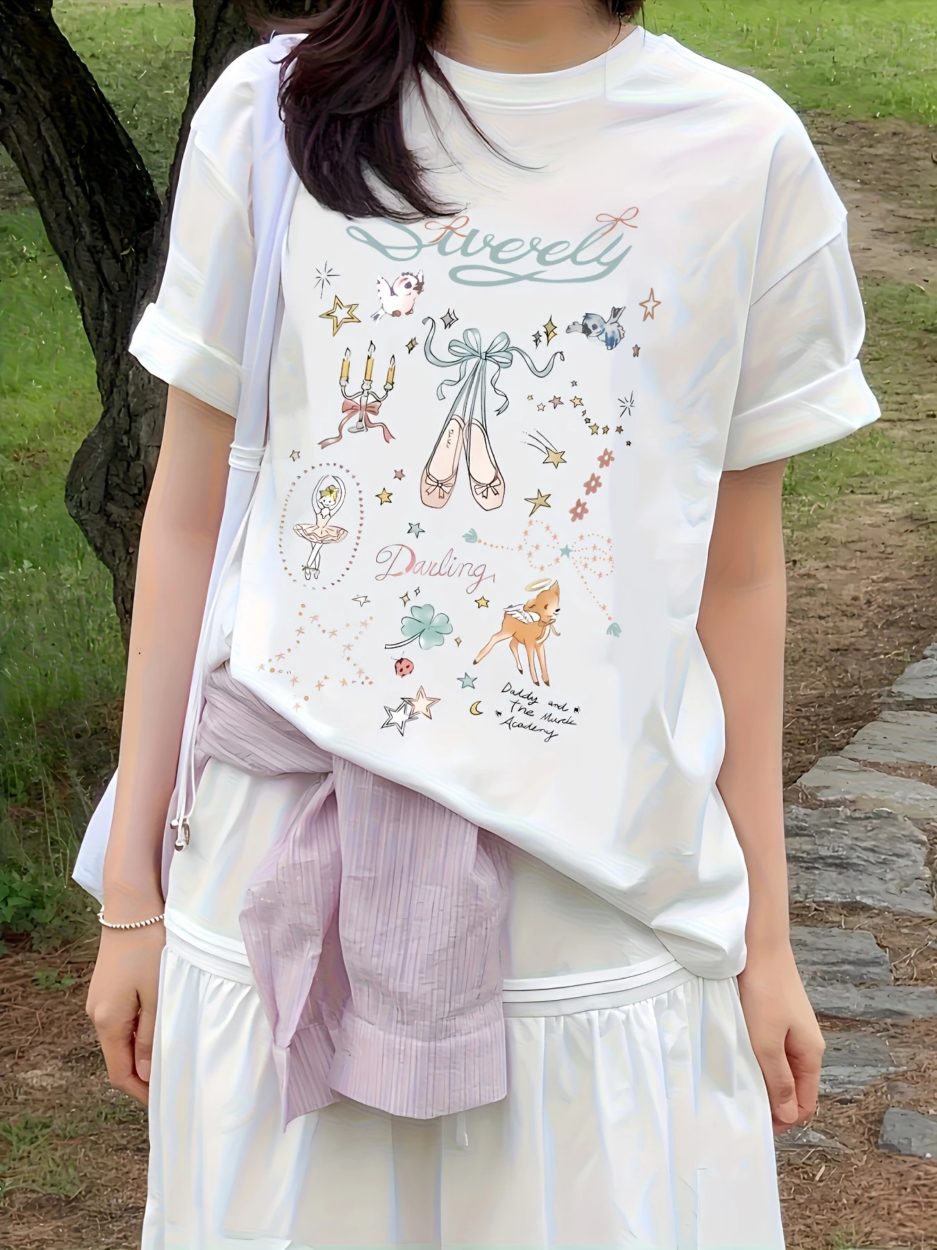 Y2K cartoon dance shoe pattern letter print round neck short sleeved T-shirt stylish casual trend versatile women's top