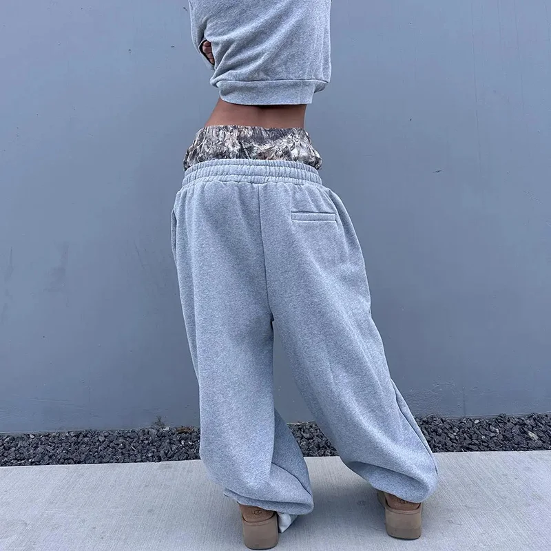 Hip-hop Y2K Retro Jogginghose Doppelte Taille Gestickte Camouflage Muster Breite Bein Hosen Frauen Casual Streetwear Baggy Hosen