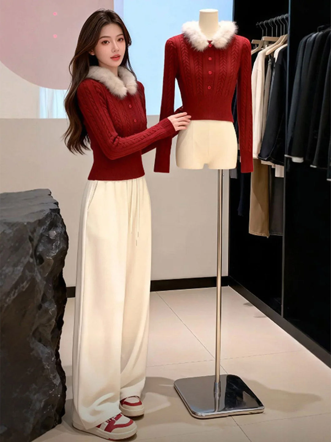 

Detachable Fur Collar Knitted Sweater Women's Autumn Winter Slimming Sweet And Spicy Girl Top Korean Style Button Detail