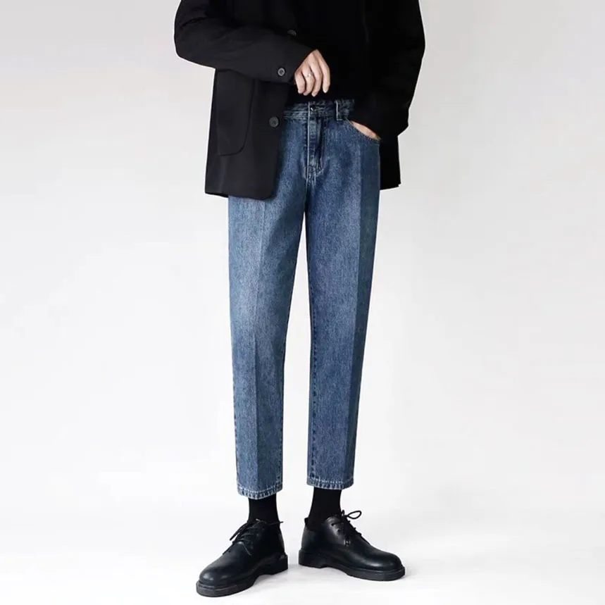 

Мужские прямые джинсы премиум-класса, летние тонкие свободные винтажные повседневные джинсы с девятью зубцами, модные износостойкие джинсы со средней талией на молнии