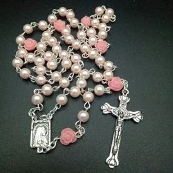 Catholic Love Rosary Prayer Necklace Mary Blessing for Cross Pendant Necklaces Rose Shaped Beads Long Chain Jewelry