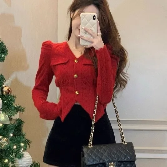 

Red V-Neck Bubble Sleeve Knitted Shirt Women's Autumn Winter Slim Fit Short Base Shirt Top Korean Style Polyester Spandex