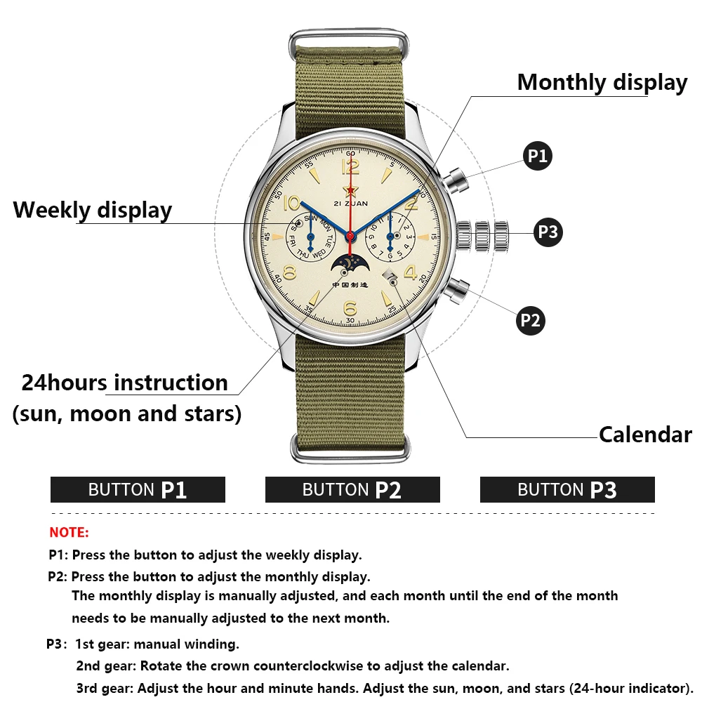 SEAKOSS Calendar Men\'s Mechanical Watches 40mm Automatic ST1654 Movement Pilot Week Display Watch 24hours Instruction Waterproof