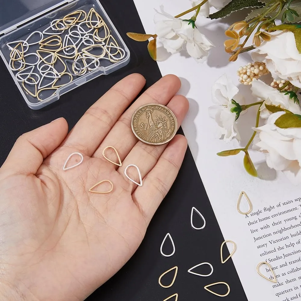 60Pcs 2 Colors Teardrop Charm Connectors Brass Drop Linking Rings Waterdrop Open Bezels Teardrop Hollow Frames for Bracelet - view 3