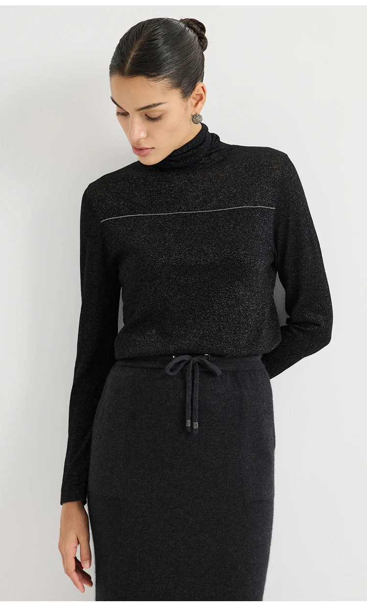 BY3621699 Damen-Pullover mit Rollkragen, Lurex-Strick, Wollmischung, Langarm, Brustnaht mit metallischem Glanz, dezenter Luxus für den Herbst – Detail 5