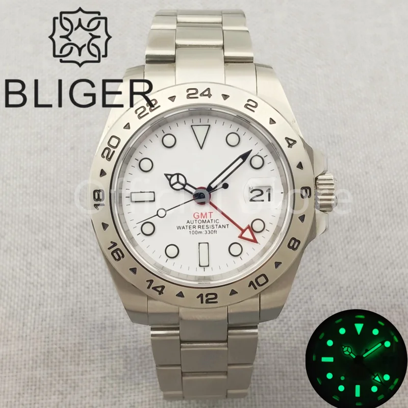 BLIGER 40mm stainless Silver cas Automatic GMT Watch Hand Sapphire Glass men's Watch Multicolored pointer Blue green digital cas