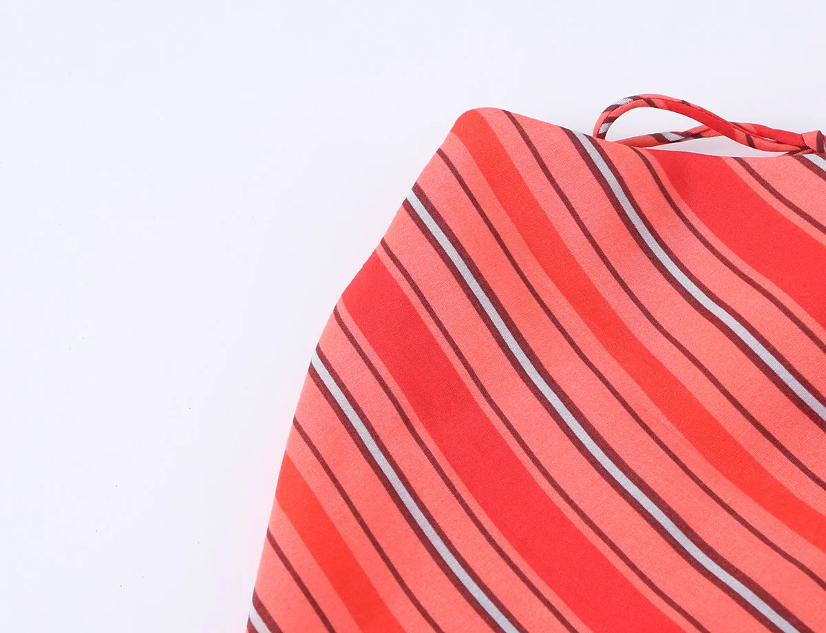 HH Französischer Stil Rot Gestreiftes Neckholder-Minikleid Ärmellos mit Wasserfallausschnitt A-Linien-Sommerkleid Elegantes Sommer-Resort-Strand-Büro-Outfit – Detail 5