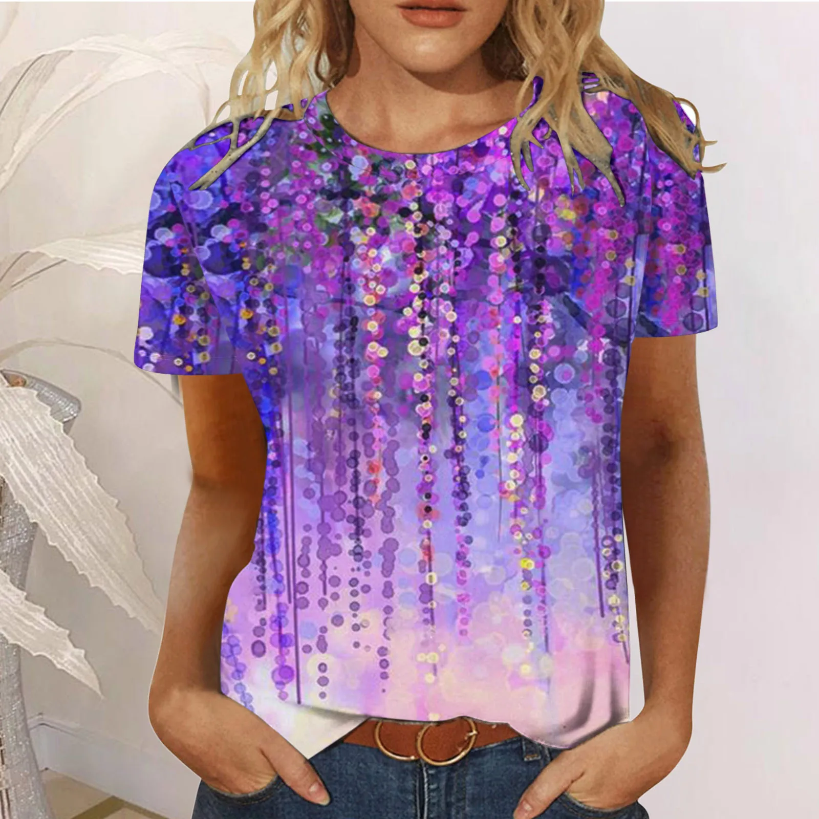 Women Gradient Sequins Print T Shirt Three Quarter Sleeve Loose T-Shirts Summer Fashion Harajuku Streetwear Tee Party ClubTops