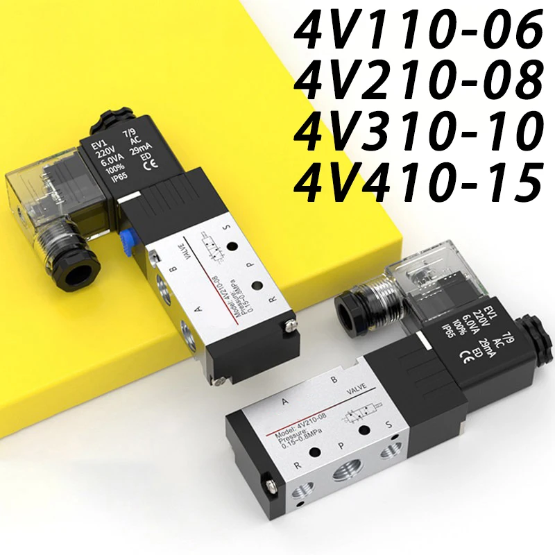Pneumatic Electric Solenoid Valve 5 Way 2 Position Control Air Gas Magnetic 4V110-06 4V210-08 4V310-10 4V410-15 DC12V 24V AC220V