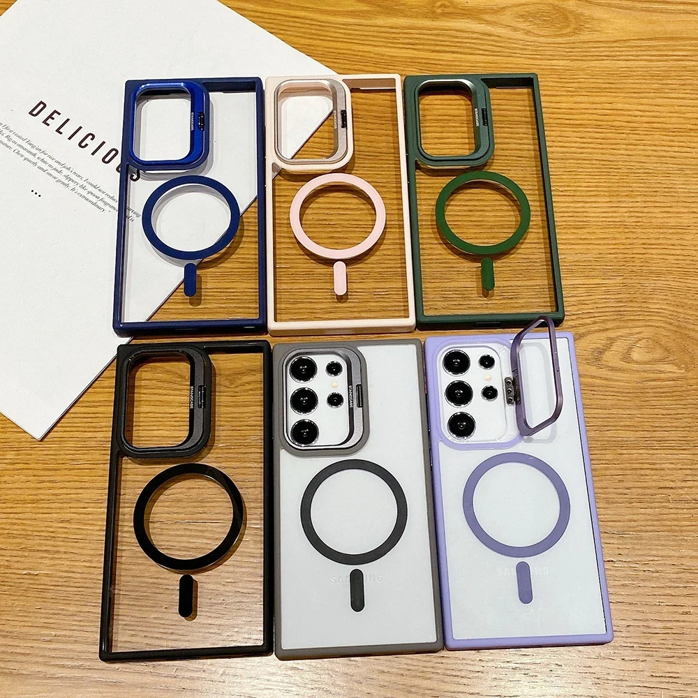 Luxury Magnetic Shockproof Phone Case For Samsung Galaxy S25 S24 S 25 Ultra Plus S25Ultra Stand Glass Lens Protection Back Cover