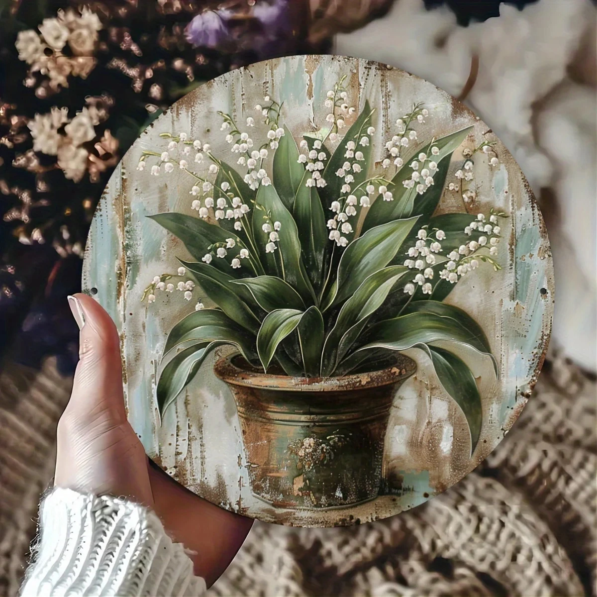 1 Piece of Vintage Lily of the Valley Metal Wall Art, 8x8inch Round Rustic Aluminum Signs, Indoor/Outdoor Decorative Floral Plaque