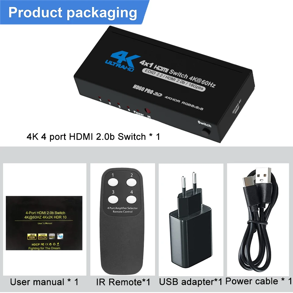 2026 Best 4K HDMI Switch 2.0 Support RGB 4:4:4 HDR HDMI Switch 4K 60Hz HDMI 2.0 Switch Remote IR UHD 4 Port HDMI Switch Switcher