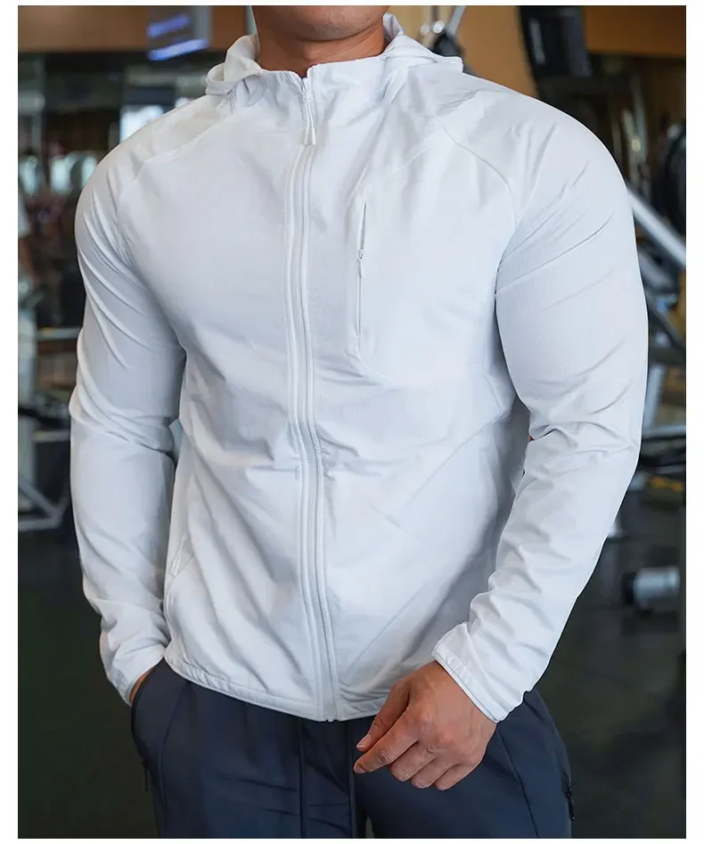 Hochwertiger Nylon-Sportmantel für Herren, Fitnessstudio, Fitness, Hoodies, Outdoor-Workout-Tops, Kapuzentraining, Laufen, Reißverschlussjacke, Kleidung – Detail 8