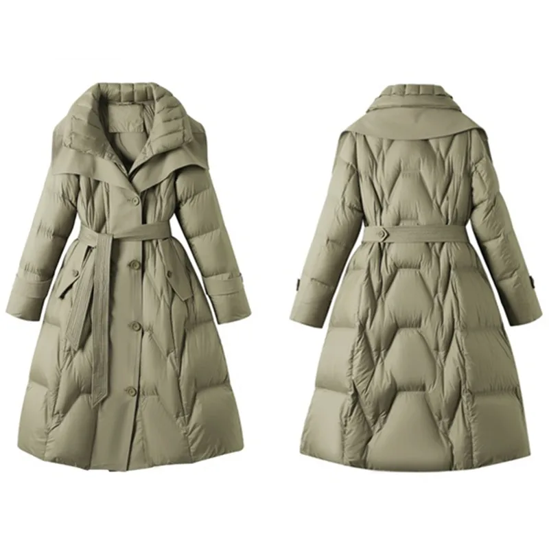 Chaqueta ajustada con cuello de solapa para mujer, abrigo largo de plumón de pato blanco con cinturón, Parkas cálidas para mujer, moda de invierno,