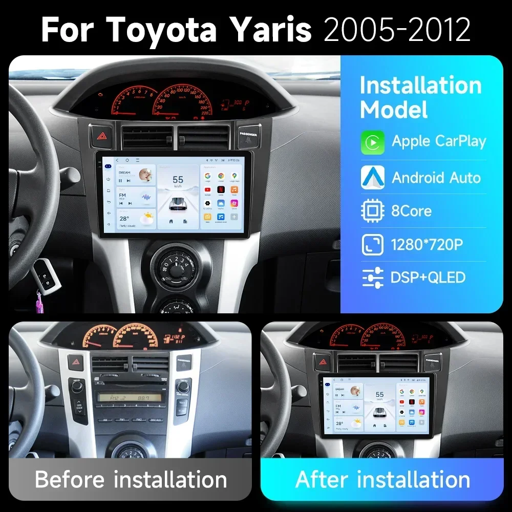 JIUYIN Android 15 Car Radio Multimedia Player 4G GPS WiFi 2DIN Navigation Stereo Head Unit for Toyota Yaris 2005-2012 with Carpl