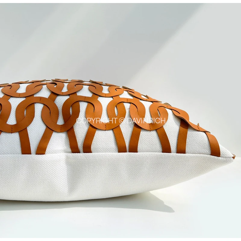 DAVINRICH  H Style Chain Geometric Art Cushion Cover High Grade Hide Leather Luxury Handmade Decorative Throw Pillowcase 45x45cm