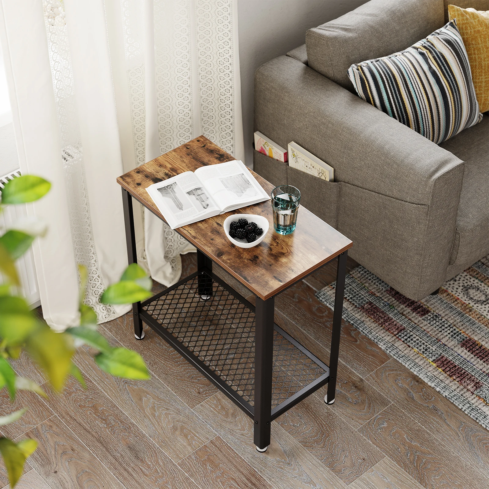VASAGLE Side Table, Bedside Table, Sofa End with Mesh Shelf, Industrial Style