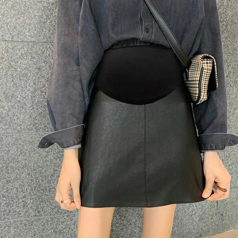 

PU Maternity Short Skirts 2024 Autumn Winter Fashion Elastic Waist Belly A Line Loose Clothes for Pregnant Women Pregnancy