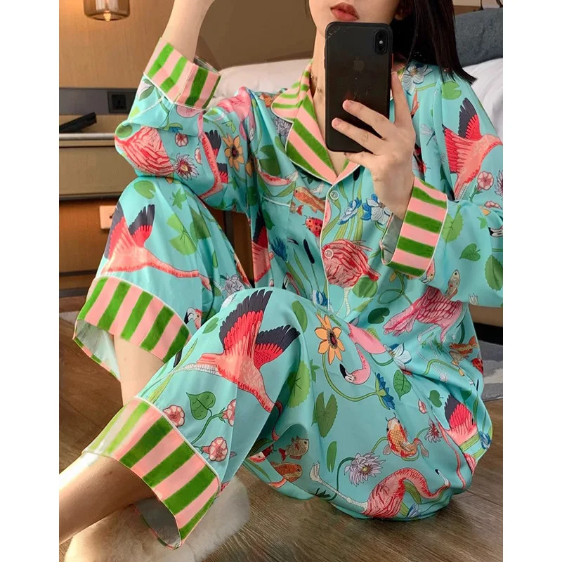 Women\'s Pajamas Sets Spring Autumn 2 Piece Animal Print Pyjama Faux Silk Satin Sleepwear Long Sleeve Pijama Mujer Pjs Homewear