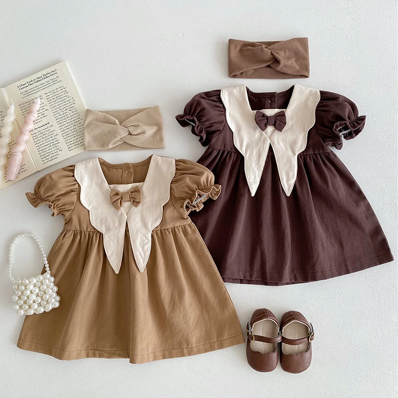 1-5Yrs Baby Mädchen Kleid Casual Bogen Kleidung Sommer Baumwolle Mädchen Prinzessin Kleid Große Drehen Unten Kragen Kleid Mädchen Kleidung koreanische