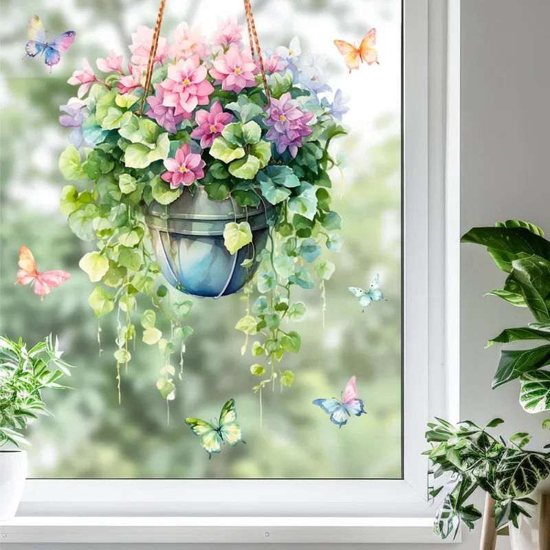 Fresh Window Flower Basket Decals Static Cling Glass Stickers for Room Decor 40 60cm Home Decoration Stickers Posters