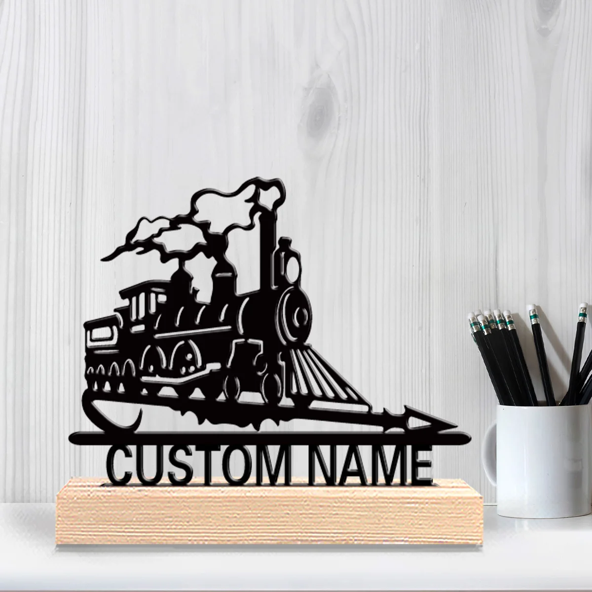 1pc Abstract train Customizable Text Metal Statue Iron Ornament Art Figurine With Wood Base Tin Sculpture Home Table