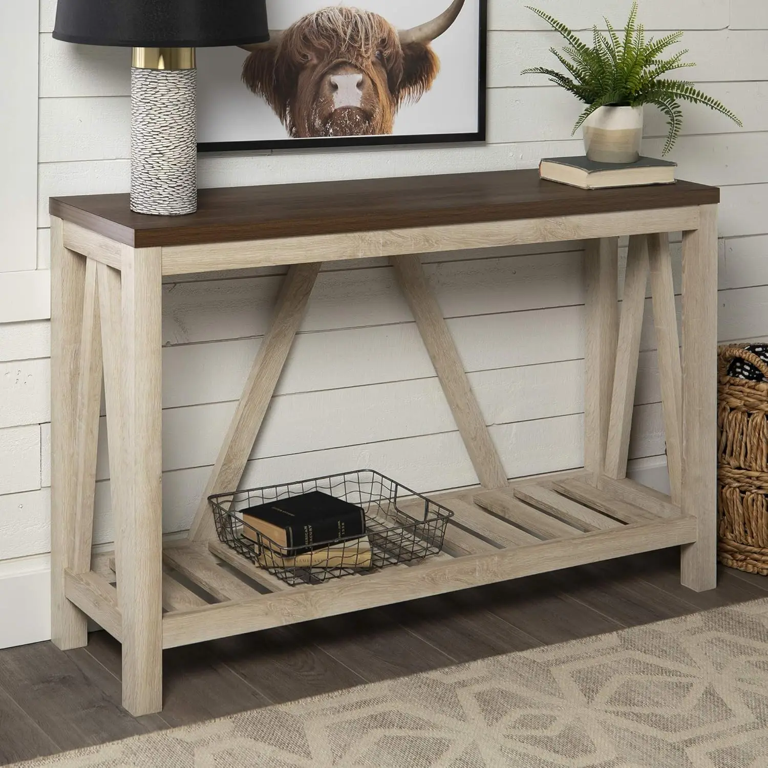 Modern Farmhouse Accent Entryway Table Entry Table Living Room End Table, 52 Inch, Dark Walnut and White Oak