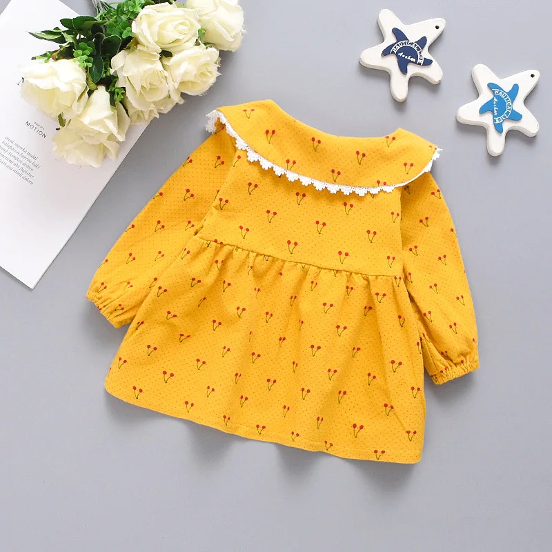 Spring and Autumn Girl Long sleeved Top Children\'s Cherry Print Lace Doll Neck Clothes Girl Bow Top