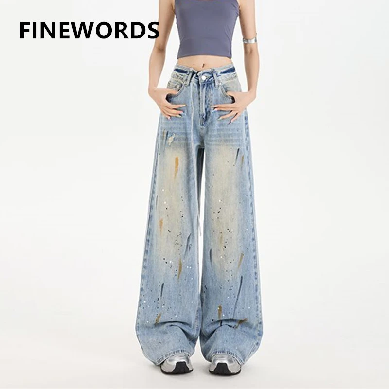 FINEWORDS جينز صيفي واسع الساق مطبوع للسيدات ملابس الشارع الكورية Easymatch من قماش الدنيم فضفاض كامل الطول جينز فضفاض