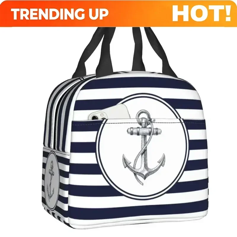 Custom Bag Custom Nautical Navy Blue Anchor Stripes Insulated Lunch Bag For School Office Cooler Thermal Bento Box Women Food Co