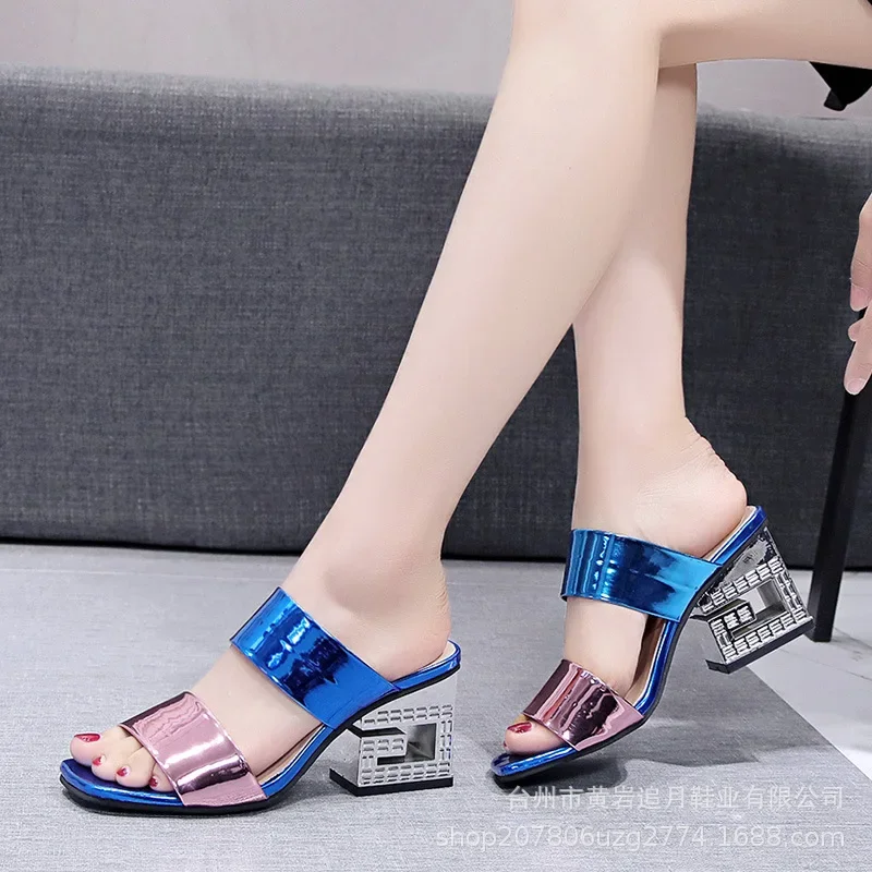 Women Fashion Patent Leather Sandals 2024 Summer Thick High Heels Slippers Woman Outdoor Solid Color Slip on Beach Flip Flops