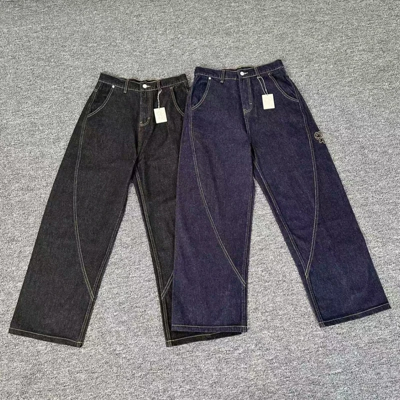 

Джинсы High Street в стиле ретро Mertra, классические лоскутные брюки с вышитым логотипом, прямые брюки для мужчин и женщин, повседневные универсальные джинсовые брюки