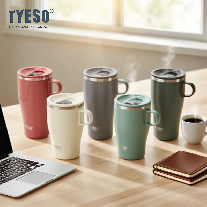 TYESO Thermoskanne, Kaffeetassen, Edelstahl, Vakuumbecher, Flasche, Autobecher mit Griff, Thermo-Reisebecher, Zuhause, Outdoor, 400/500 ml