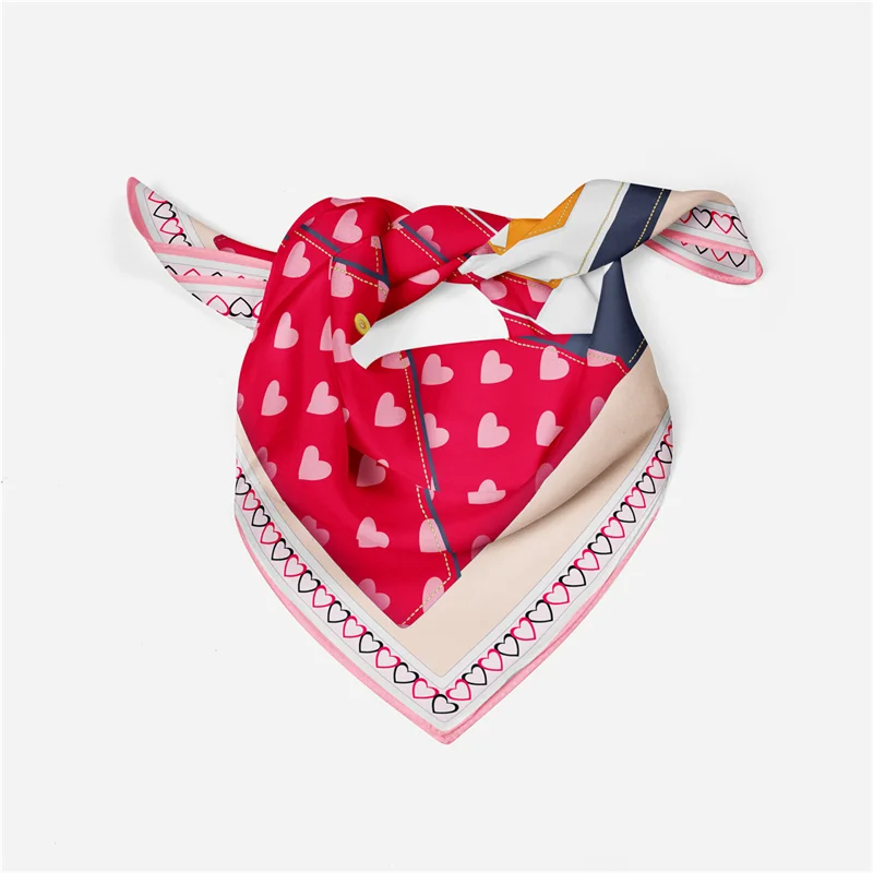 53CM Twill Silk Right Angle Fine Curl Edge Love Heart Printed Scarf Women's Small Headscarf Hair Accessories Cross-border New