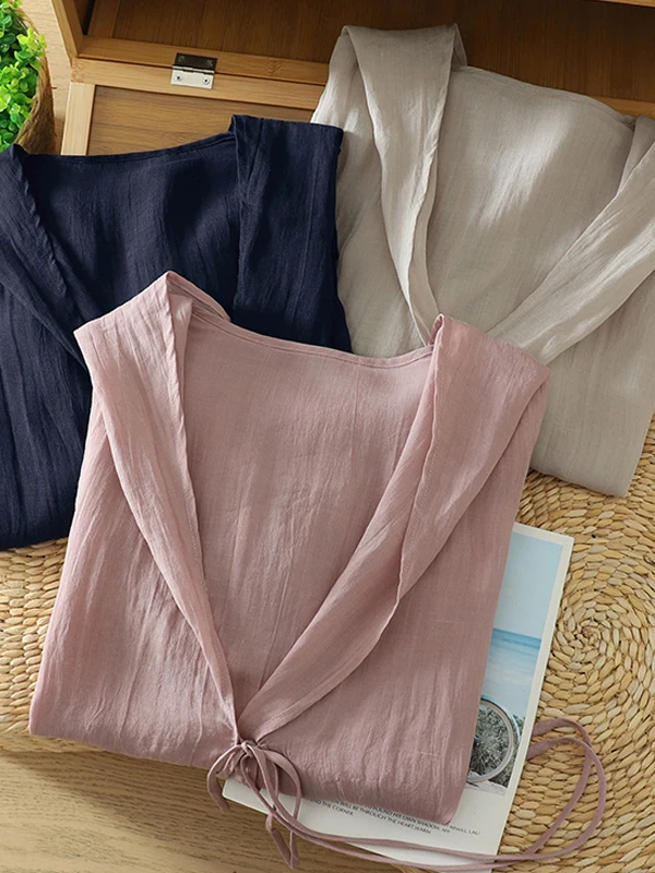 

Women's Cotton Linen Lightweight Cool Feeling Hooded Belted Design Summer Loose Large Version Sun Protection Casual irt