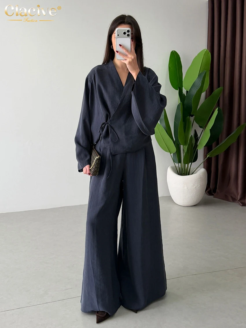 

Clacive Fashion Loose Blue Trousers Sets Woman 2 Pieces Elegant Long Sleeve Robes With High Waist Wide Pants Set Female Clothing