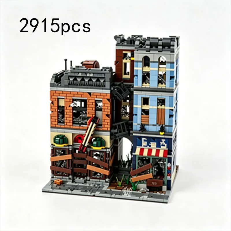 MOC2915pcs Post-Apocalyptic Ruins Small Particle Building Blocks Street Scene Architecture City Shop Model Toy Ornament