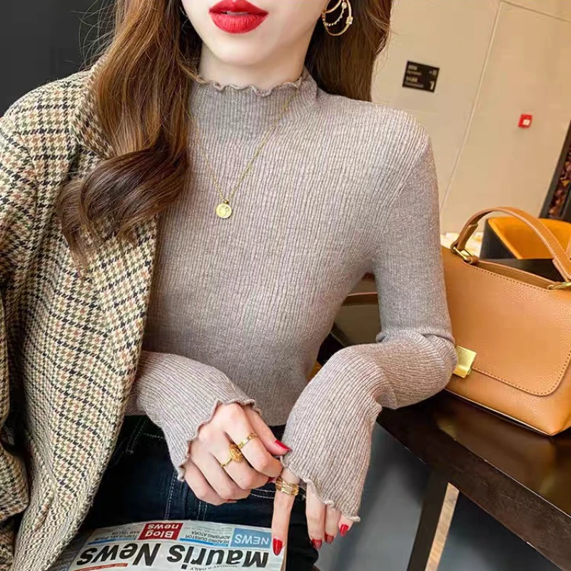 Pull froncé à col roulé pour femme, haut élastique, solide, mode automne-hiver 2025, Slim, tricoté, à bascule