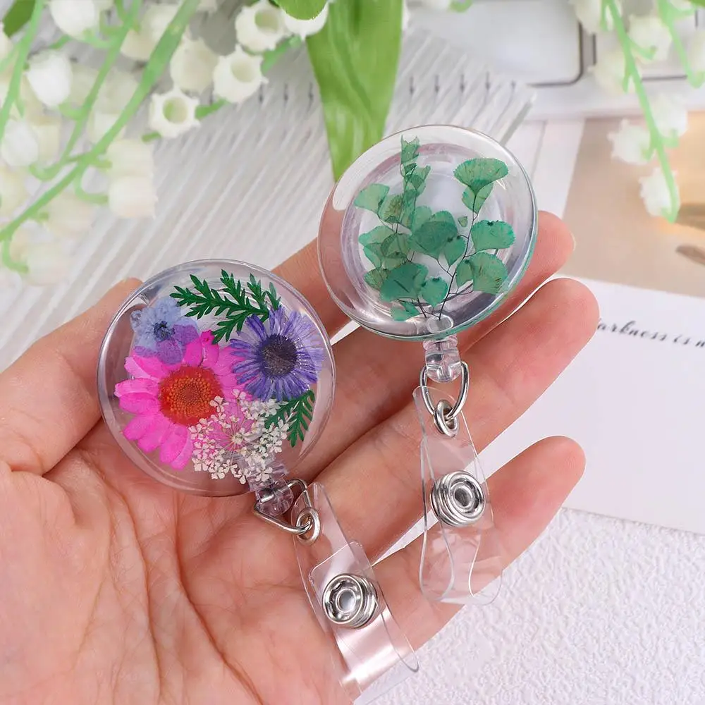 Transparent Dried Leaf Flower ID Badge Reel Pressed Floral creative Resin Badge Holder Work Badge charm Gfit for Doctor Nurse