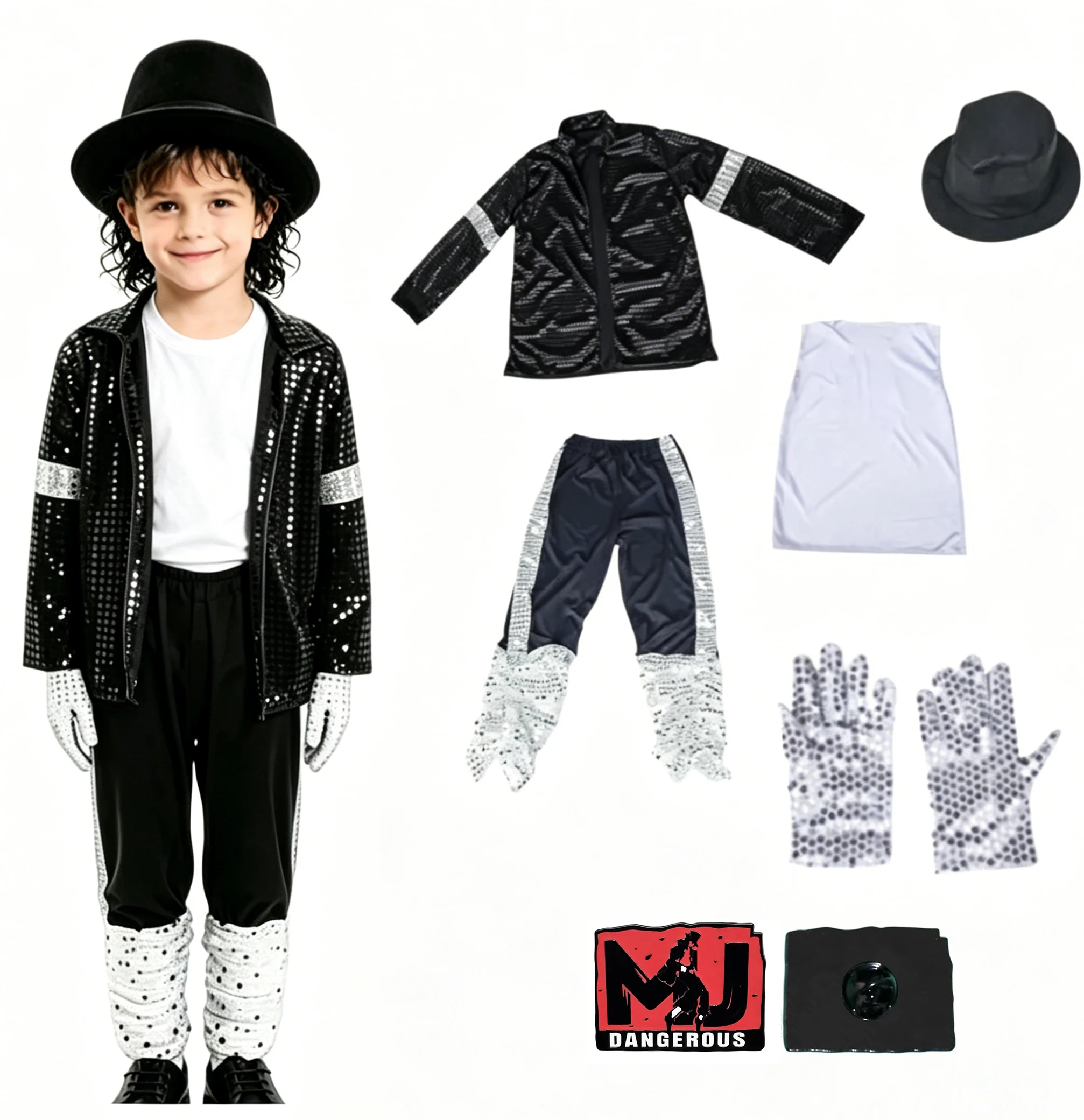 Disfraz de Michael Jackson para Niños, Conjunto de Disfraz Retro de Billie Jean Negro para Bailar, Disfraz para Fiesta de Halloween con Sombrero y Guantes