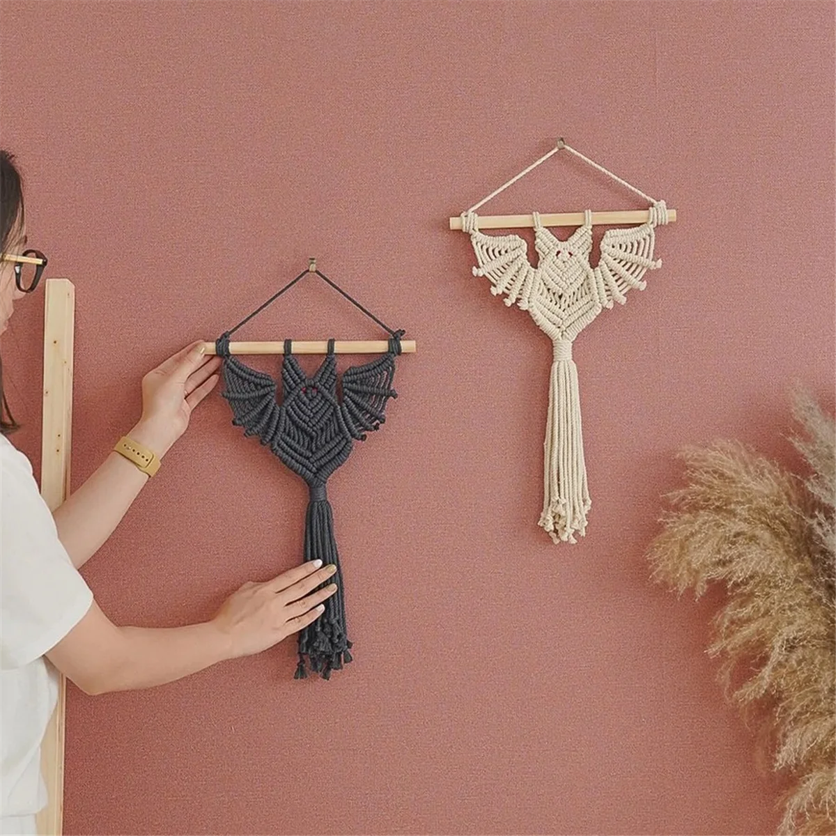 ABJY Halloween chauve-souris macramé tenture murale géométrique Art décor tissé à la main gothique ornement pour chambre noir