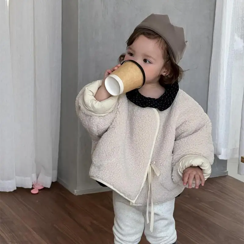 

2025 Winter New Baby Long Sleeve Plush Coat Girls Casual Cardigan Plus Velvet Thick Toddler Solid Jacket Infant Warm Clothes