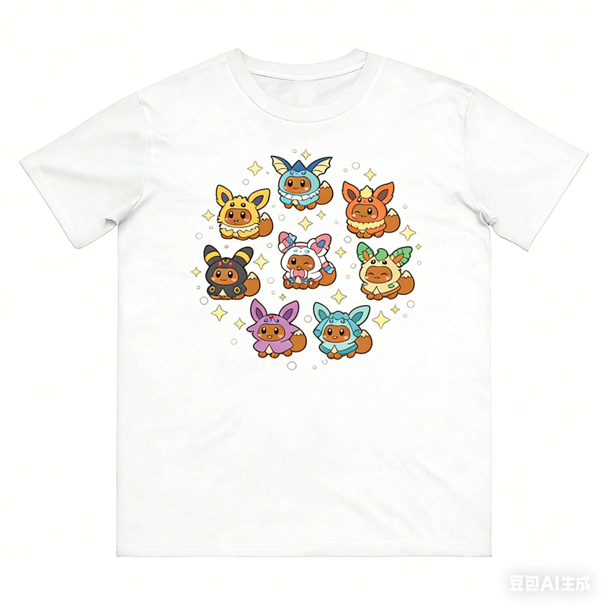 Bandai Pokémon Eeveelution Printed Pure Cotton T-shirt for Men and Women Spring/Summer New Collection Fashion Short Sleeved