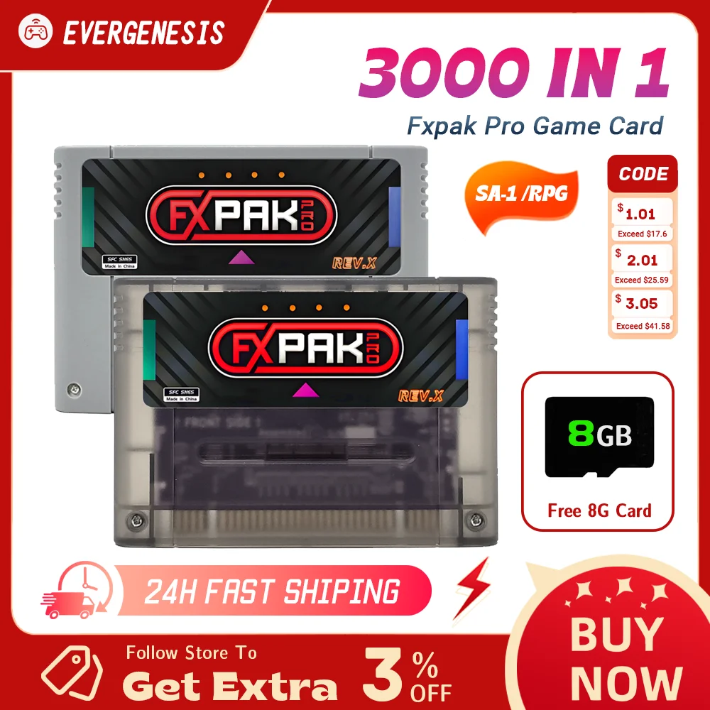 Fxpak Pro SD2 Rev. X Version SNES Gane Cartridge Made in China For SFC SNES 16 Bit Video Game Console with 8G Card