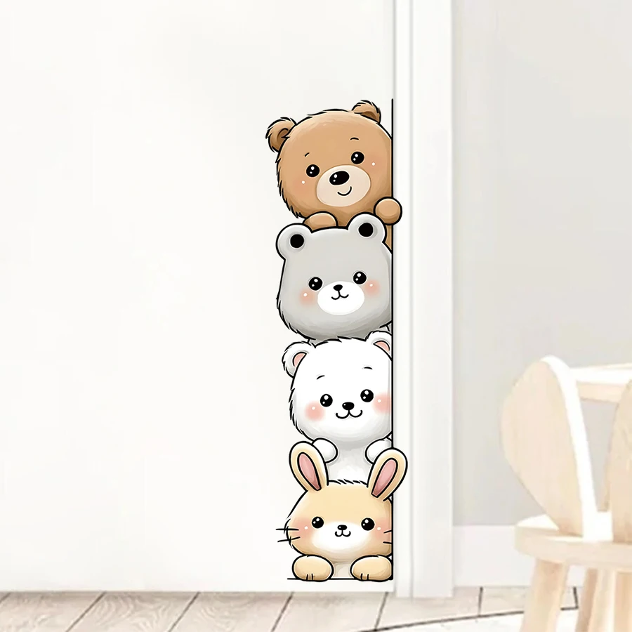 1/2sheets Cartoon Peekaboo Animal Door Stickers, Removable PVC Stacked Bear Rabbit Wall Decals for Kids Room, Nursery Door
