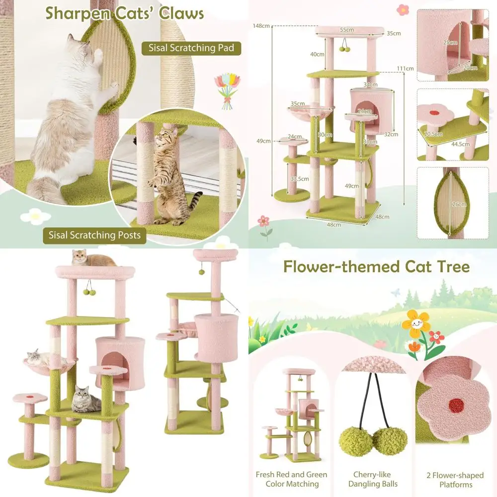 

58-inch Multi-Level Flower-Themed Cat Tower with Sisal Posts, Basket, and Dangling Balls for Indoor Cats